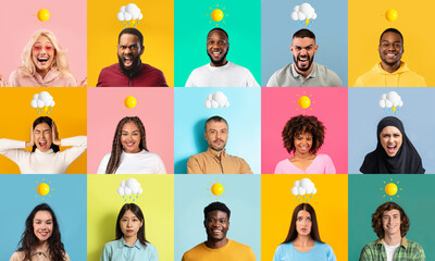 Group of people with different face expression posing on colorful backgrounds