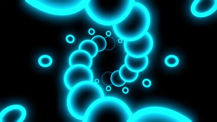 Poster - Black background with blue bubbles. Design. Light blue neon-lit bubbles made in cartoon animation.