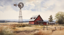 Painting Of A Farm Barn And Windmill In The Field