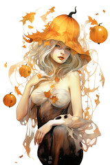 Wall Mural - A woman in a dress and a hat with pumpkins. Generative AI.