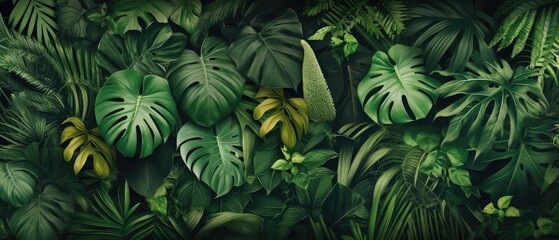 Background of tropical green leaves. Banner layout for a text field. the concept of recreation and travel. Background with tropical green leaves of monstera.. generative ai