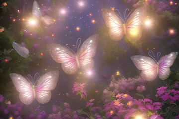 Wall Mural - Fairy Lights and Butterflies in a glittering garden - generative ai