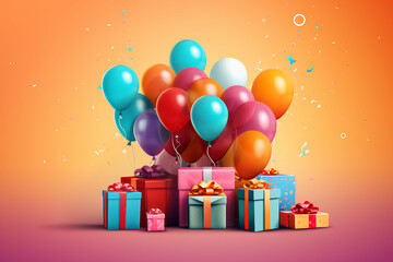 happy birthday poster with balloons and gift box background, generative ai