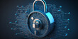 Cybersicherheit und Schutz privater Daten und Datenkonzept. Ein Schloss auf blauem Schaltkreis. Firewall vor Hackerangriffen