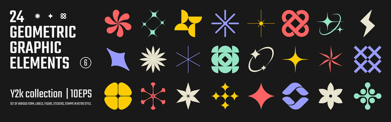 Aufkleber - Vector abstract geometric graphic elements for design, Collection of various form, labels, shapes, stickers inspired by brutalism, set basic figures in y2k style, retro futuristic assets, set 6