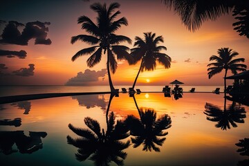 Sticker - Summer beachfront hotel resort, tropical environment, outdoor luxury sunset over infinity pool swimming. Nice peaceful beach vacation backdrop. lovely sunset beach scene on an island Generative AI