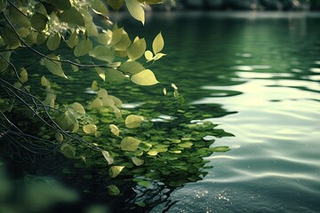 Poster - The lakes surface is covered with green foliage. A wonderful background of wavy water for goods presentation. Copying area. Generative AI