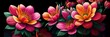 Colorful floral banner. Elegant ornament with exotic fantasy flowers, leaves. Folk style painting. Red flowers on black background. Modern tropical wallpapers. Design for print, site. Generative AI