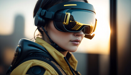 Poster - Virtual reality meets the future with a woman wearing futuristic goggles, immersed in a vibrant, colourful virtual world. Generative AI.