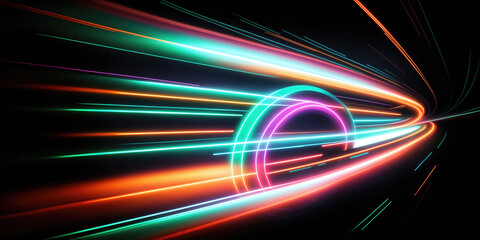 Poster - futuristic neon lights speed through a blurred tunnel of vibrant colors. experience the energy of mo