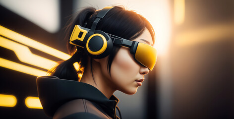 Poster - A young woman wearing AR glasses interacts with a holographic interface. Step into the future of communication and technology. futuristic and sci-fi settings, Generative AI.