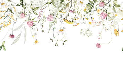 Wall Mural - Wild field herbs flowers. Watercolor seamless border - illustration with green leaves, pink yellow buds and branches. Wedding stationery, wallpapers, fashion, backgrounds, textures. Wildflowers.