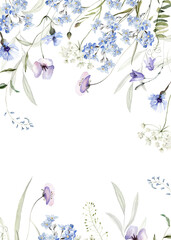 Wall Mural - Wild field herbs flowers. Watercolor border frame - illustration with green leaves, branches and colorful buds. Wedding stationery, wallpapers, fashion, backgrounds, textures. Wildflowers.