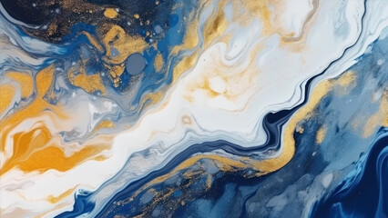 Poster - Marble abstract acrylic background. Blue and golden marbling artwork texture. Agate ripple pattern. Gold powder. generative ai