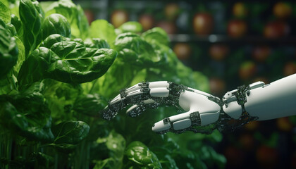 Robot hand holding fresh vegetables Generative IA