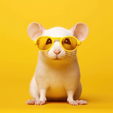 cute little mouse in glasses on a yellow background. copy space .postcard .place for your text. Generative AI