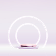 Purple Metal Product Podium Background With Round Neon Lighted Arch. Fashion Product Vector Presentation Template