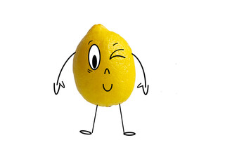 Funny cartoon yellow lemon with a cheerful face close-up isolated on a white background