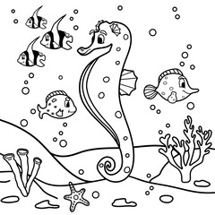 Wall Mural - Coloring book for children with a sea horse and fish. Undersea world. Corals and stones. Sea creatures. Underwater star. Vector stock illustration. Education and entertainment