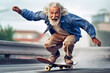 Old man skateboarding fast. Elderly people having fun. High quality generative ai