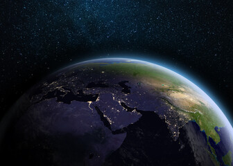 Wall Mural - dawn on the planet earth. earth planet and milky way galaxy in deep space. night on planet earth wit
