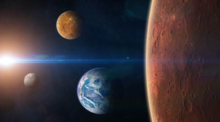 Wall Mural - mars, earth, venus, mercury and sun. terrestrial planets. elements of this image furnished by nasa.