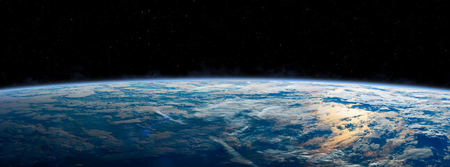 Wall Mural - planet earth in outer space. panoramic view of the earth, stars and galaxy. wide horizontally image.