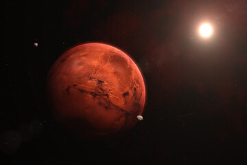 Wall Mural - mars, moons and nebula. beautiful planet mars seen from space. space view of the mars, phobos, deimo