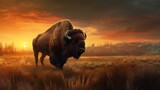 Fototapeta  - A majestic bison standing in a picturesque field at sunset. Generative ai