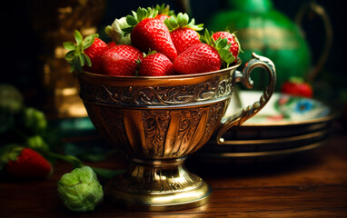strawberries in a golden cup on a wooden table