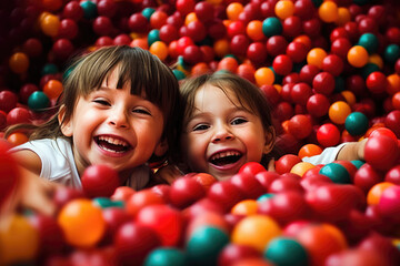 Wall Mural - Children playing in ball pit on indoor playground, generative ai