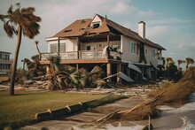 The House Is Destroyed By A Hurricane On The Seashore. Storm, Tornado, Natural Disaster. The Concept Of Property Insurance Against Accident And Natural Disaster.Generative AI