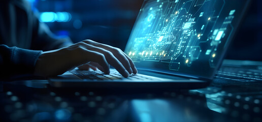 Close up of a male hand typing on a laptop with futuristic technology graphs displayed on screen on a dark blue background