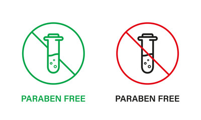 Wall Mural - Paraben Free with Test Tube Line Icon Set. Forbidden Paraben in Food Symbol. Safety Eco Organic Cosmetic Bio Product. Chemical Preservative Stop Sign. No Plastic. Vector Illustration