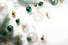 Christmas Decorations Concept. Top View Photo Of Pine Branches In Snow With Gold Green Transparent Baubles Star Ornaments And Shiny Confetti On Isolated White Background With Copyspace, Top View,16k