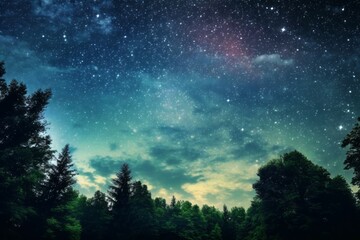 Wall Mural - Forest and night august sky with stars. AI generated, human enhanced.