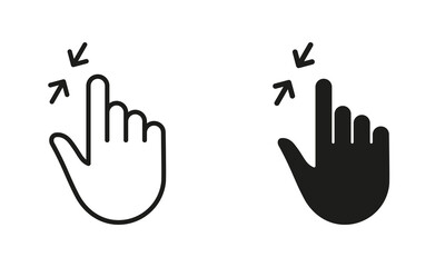 Poster - Zoom Gesture, Hand Finger Swipe Up and Down Line and Silhouette Black Icon Set. Reduce Screen, Rotate Touch Screen Pictogram. Gesture Slide Up and Down Sign Collection. Isolated Vector Illustration
