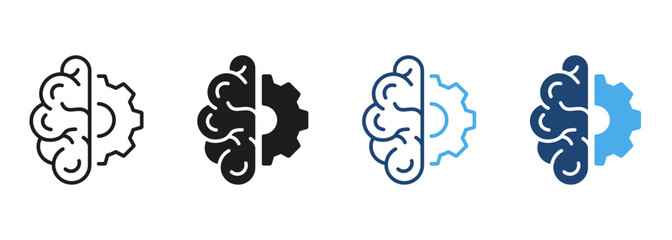 Poster - Technology Innovation Concept, Half of Human Brain and Half of Gear Line and Silhouette Color Icon Set. Artificial Intelligence Pictogram. Strategy Think Symbol. Isolated Vector Illustration