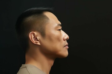 Canvas Print - Portrait of an Asian man in profile, selective focus with copy space. AI generated, human enhanced.