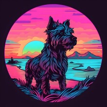 A Glen Of Imaal Terrier Dog In Front Of The Sunset, Vaporwave Style, Neon Style, Smooth Lines, Vector Sticker Art, Vector Core, Intricate Details, Black T-shirt Design, 8k