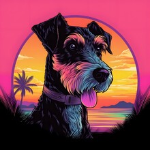 A Fox Terrier Dog In Front Of The Sunset, Vaporwave Style, Neon Style, Smooth Lines, Vector Sticker Art, Vector Core, Intricate Details, Black T-shirt Design, 8k