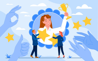 Best employee with golden trophy cup vector illustration. Cartoon tiny colleagues give stars to female employee of month or year with award goblet, hands of people clap with support, recognition