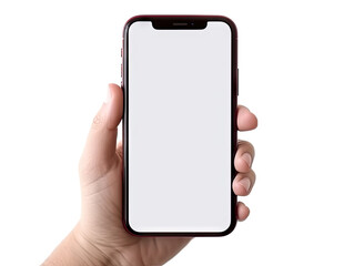 person hand holding smartphone with white screen on Transparent background Generative AI