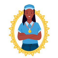 Wall Mural - Best store employee medal with happy woman vector illustration. Cartoon confident female storekeeper in blue uniform standing inside isolated golden recognition frame, award for best results in job