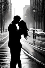 Silhouette of romantic couple kissing in wet city street