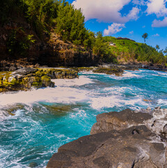 Wall Mural - Waves Crash Over Exposed Lava Reef, Kauapea Beach, Kauai, Hawaii, USA