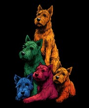 A Stack Of Colorful Irish Terrier Dogs, In The Style Of Rainbowcore, Kawaii, Strong Contrast, Chiaroscuro, Meme Art, Celestialpunk, Simplified Colors, Transfer, Contour, Bold Lines