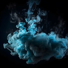 Paint water. Smoke texture. Acrylic ink splash. Blue color glowing shiny fog cloud on black abstract art background with free space.