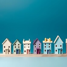 Row Of Wooden Miniature Colorful Retro Houses On Blue Solid Background