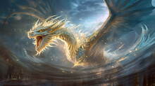 White Gold Dragon Flying Through Eternity